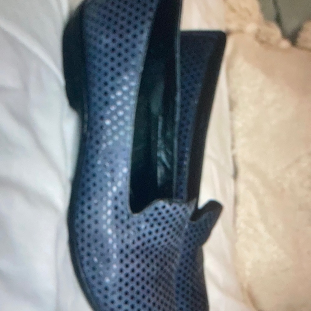 Dansko Blue leather shimmer Dot wedge Flats Mocs